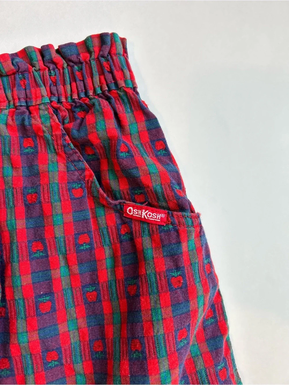Vintage OshKosh B'gosh Red, Green & Blue Plaid Elastic Waist Skirt- Apple print